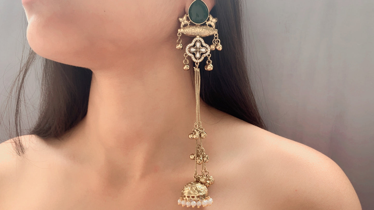 Elegant Multi-Color Kundan Long Jhumka Earrings | Pearl Drop Tassel Earrings (Pink, Green & White)