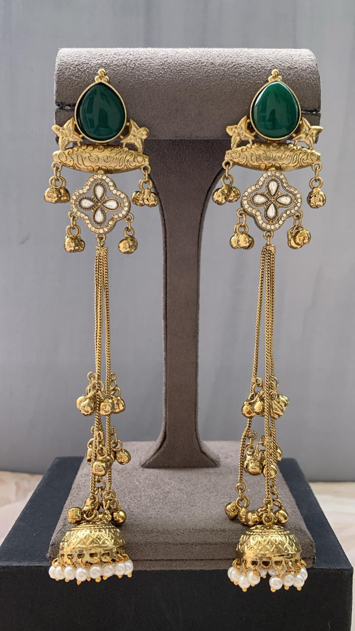 Elegant Multi-Color Kundan Long Jhumka Earrings | Pearl Drop Tassel Earrings (Pink, Green & White)