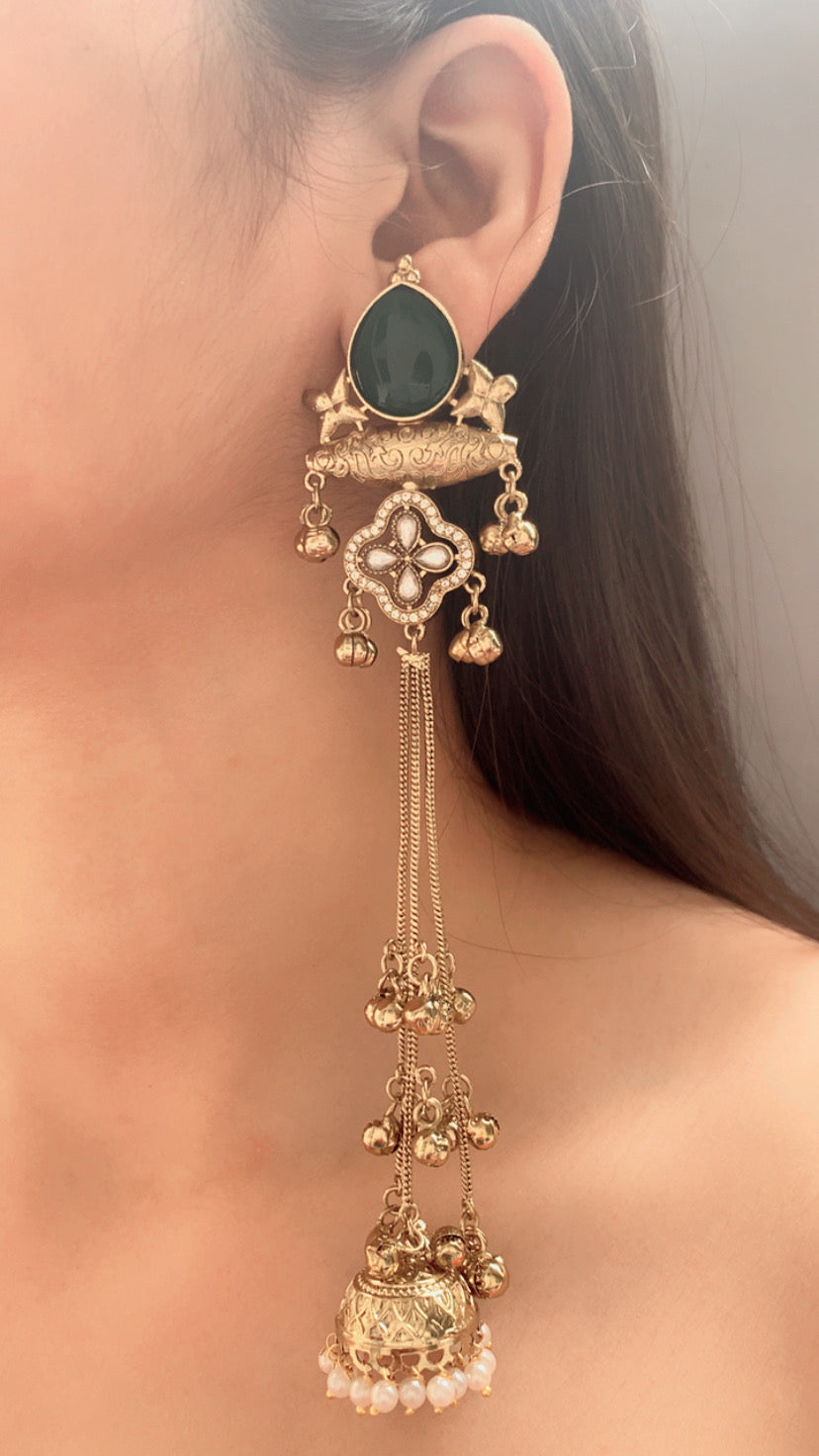 Elegant Multi-Color Kundan Long Jhumka Earrings | Pearl Drop Tassel Earrings (Pink, Green & White)