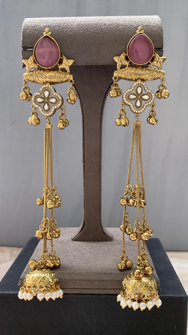 Elegant Multi-Color Kundan Long Jhumka Earrings | Pearl Drop Tassel Earrings (Pink, Green & White)