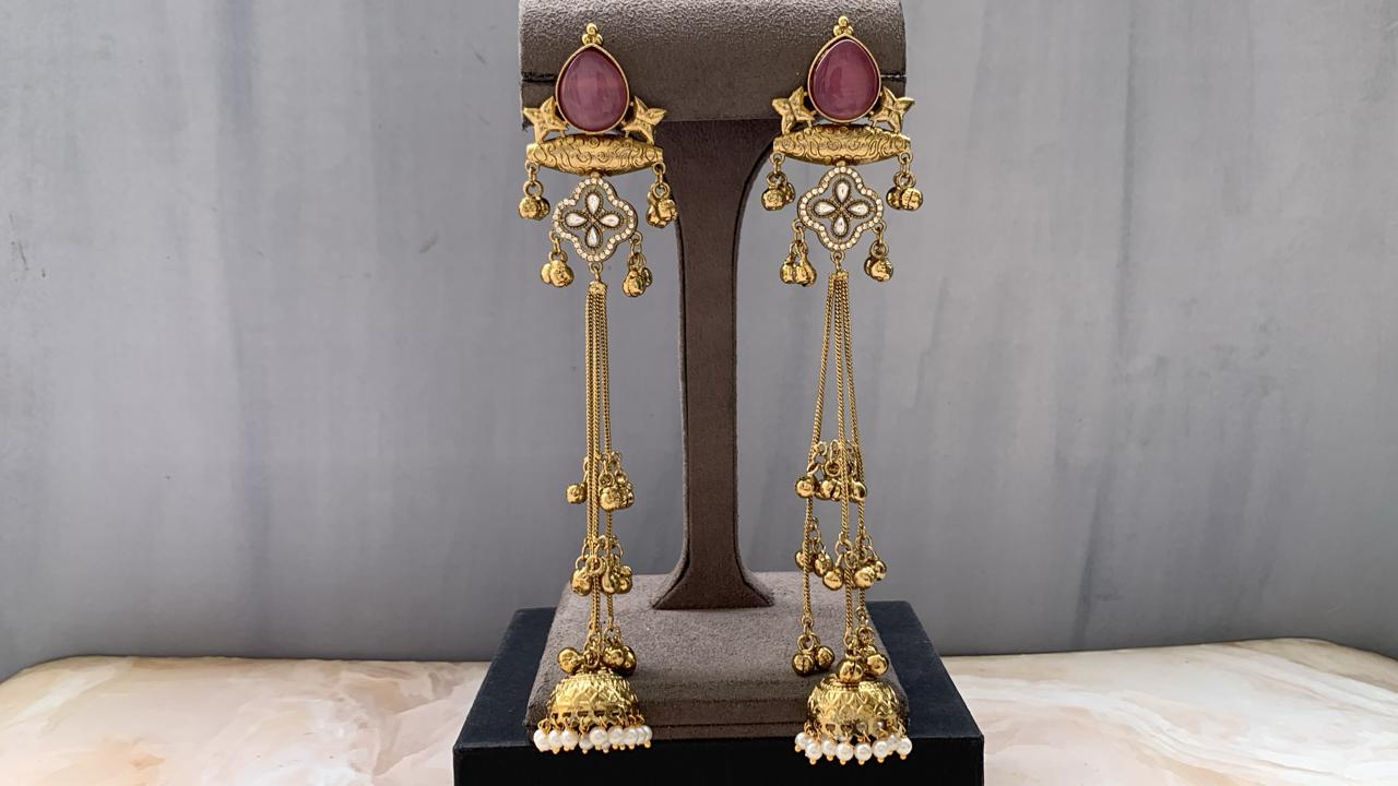 Elegant Multi-Color Kundan Long Jhumka Earrings | Pearl Drop Tassel Earrings (Pink, Green & White)