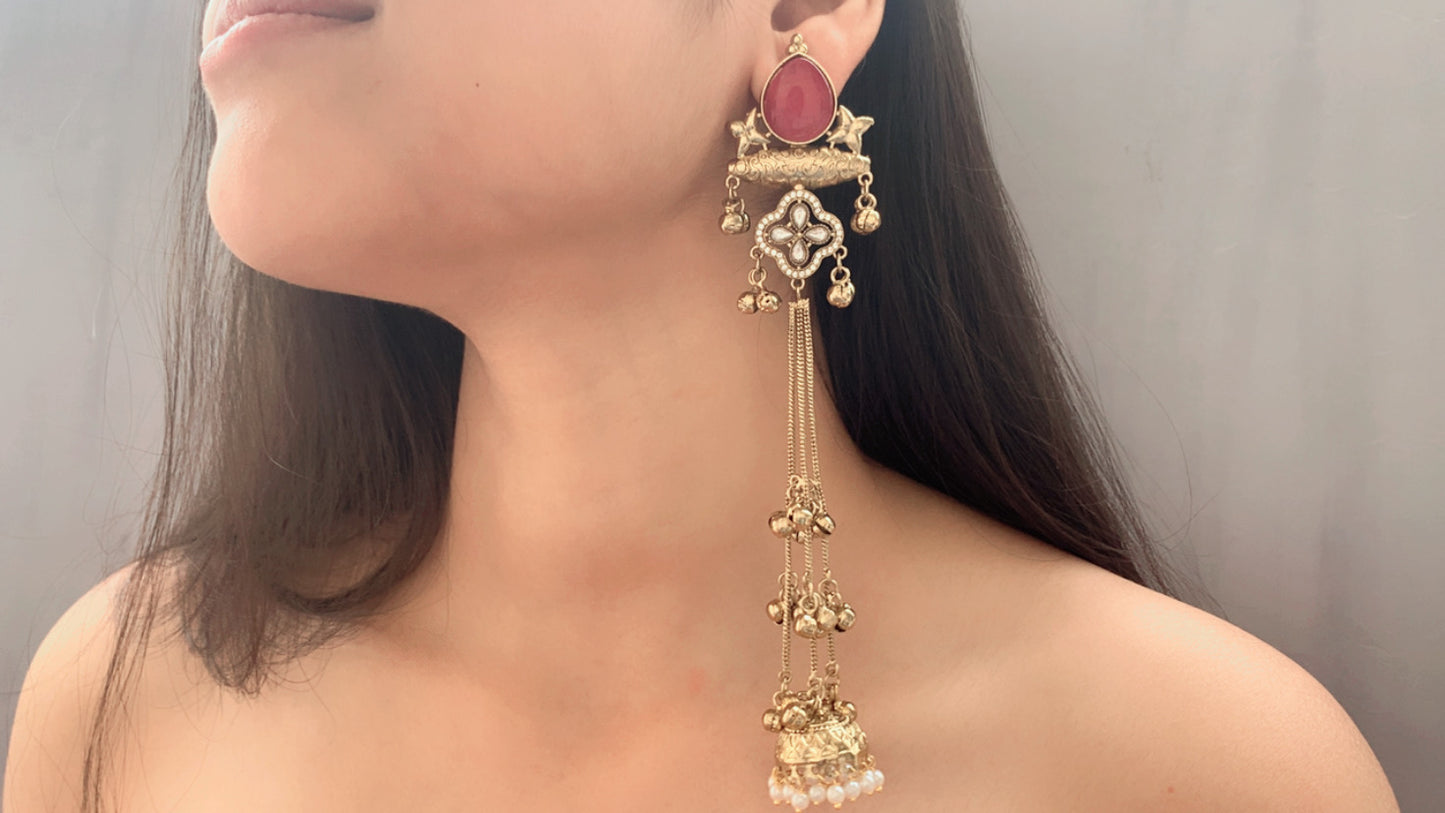 Elegant Multi-Color Kundan Long Jhumka Earrings | Pearl Drop Tassel Earrings (Pink, Green & White)