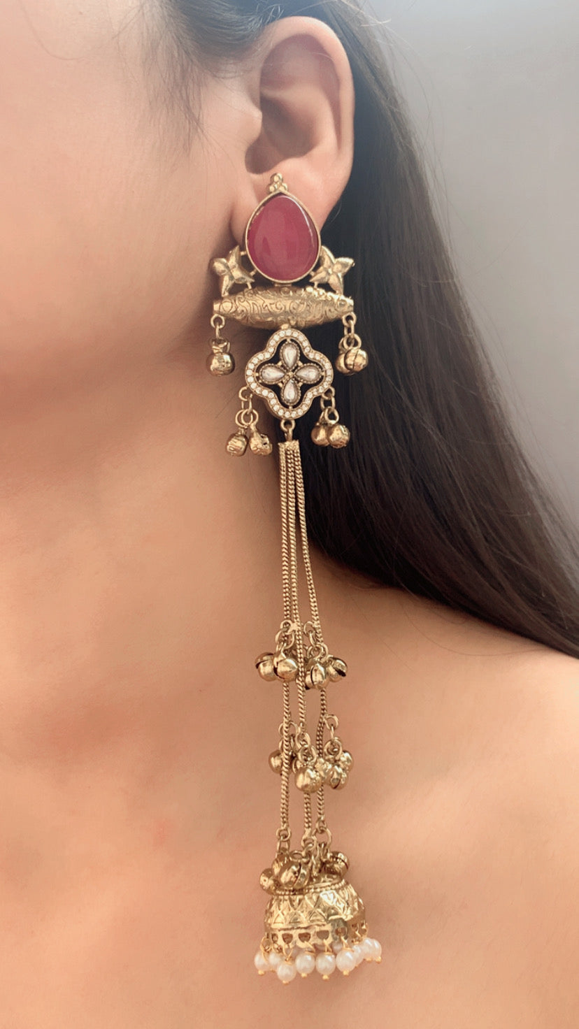 Elegant Multi-Color Kundan Long Jhumka Earrings | Pearl Drop Tassel Earrings (Pink, Green & White)