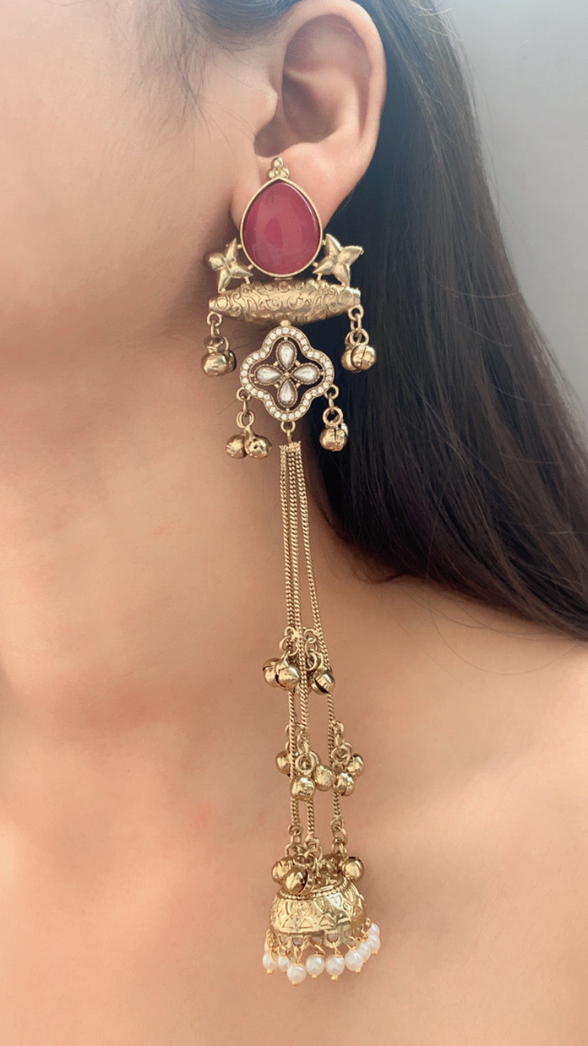 Elegant Multi-Color Kundan Long Jhumka Earrings | Pearl Drop Tassel Earrings (Pink, Green & White)