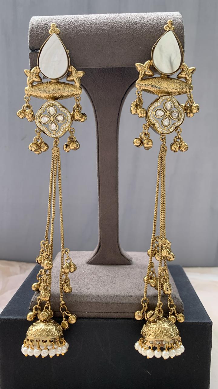 Elegant Multi-Color Kundan Long Jhumka Earrings | Pearl Drop Tassel Earrings (Pink, Green & White)