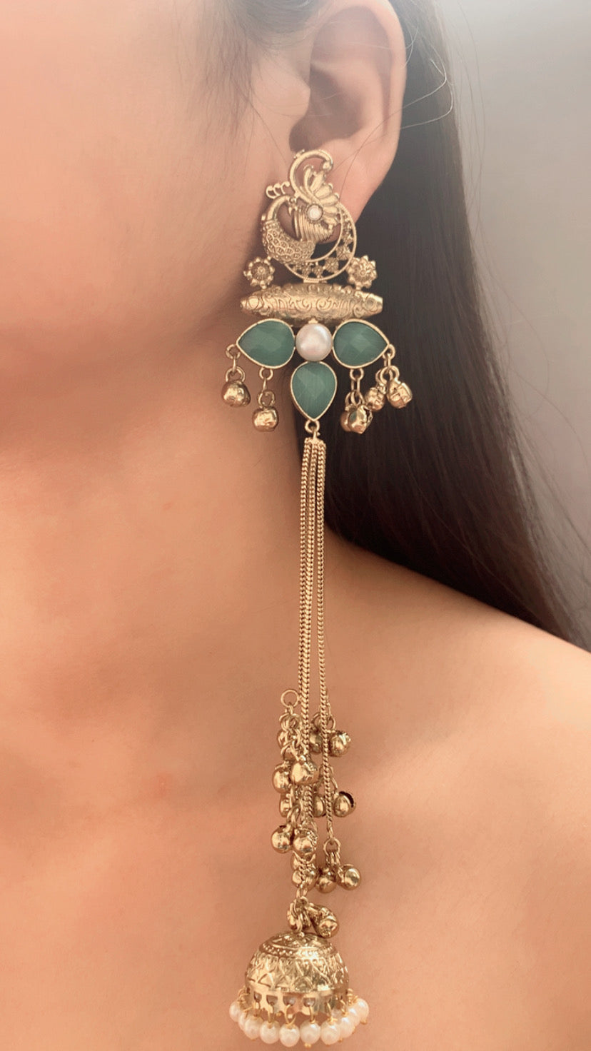 Luxe Long Drop Jhumki with Aqua Stones & Pearl Detail ✨