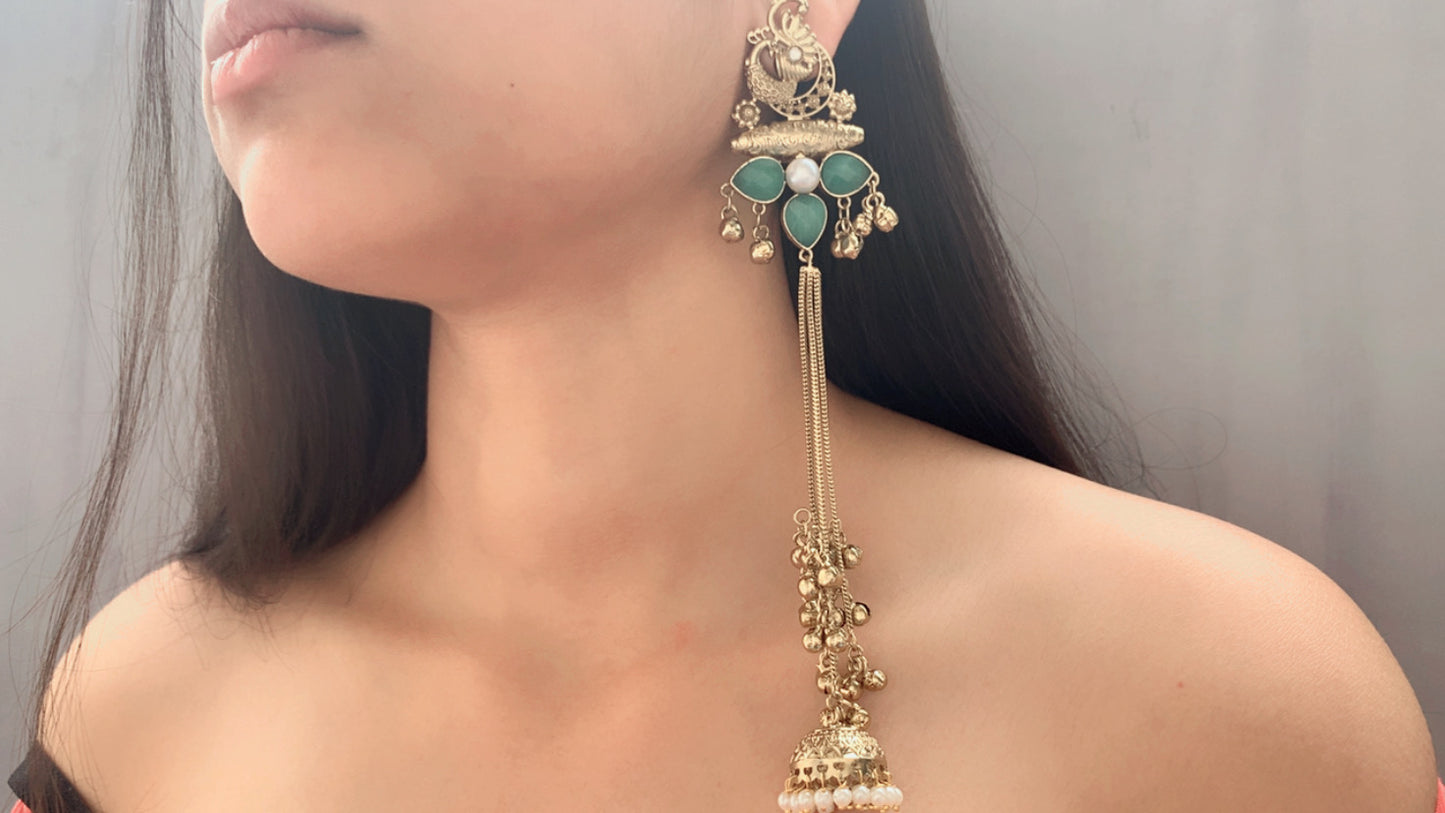 Luxe Long Drop Jhumki with Aqua Stones & Pearl Detail ✨