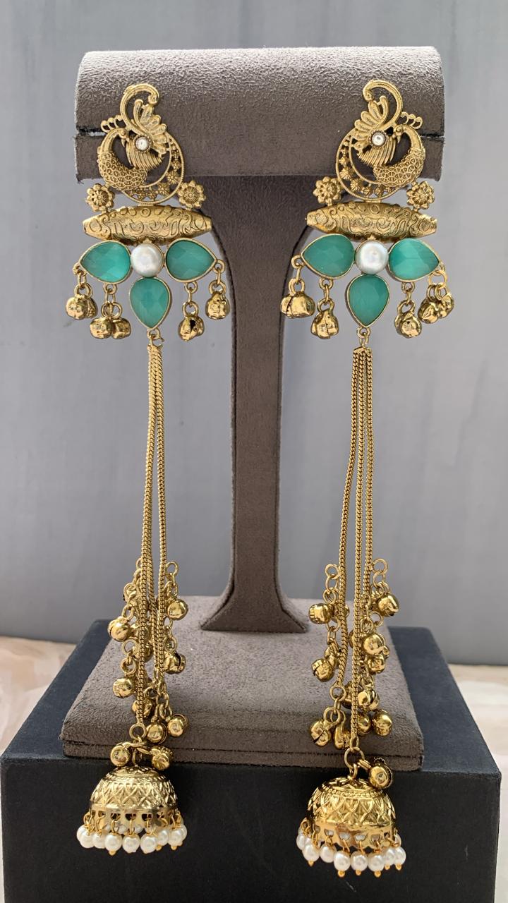 Luxe Long Drop Jhumki with Aqua Stones & Pearl Detail ✨