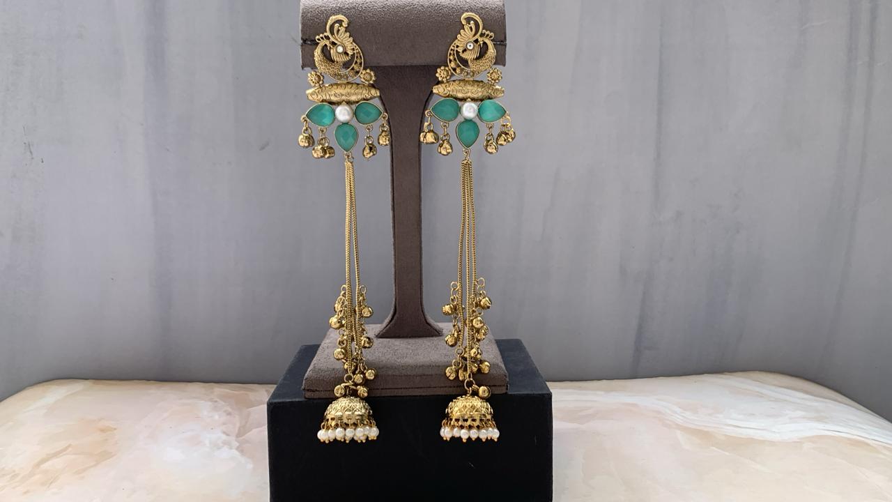 Luxe Long Drop Jhumki with Aqua Stones & Pearl Detail ✨