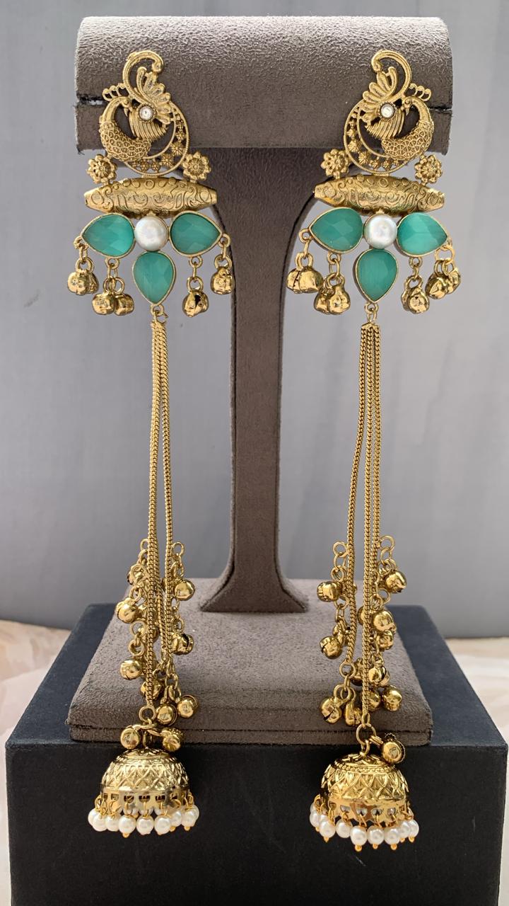 Luxe Long Drop Jhumki with Aqua Stones & Pearl Detail ✨