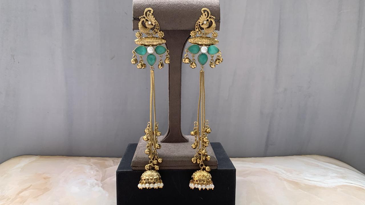 Luxe Long Drop Jhumki with Aqua Stones & Pearl Detail ✨