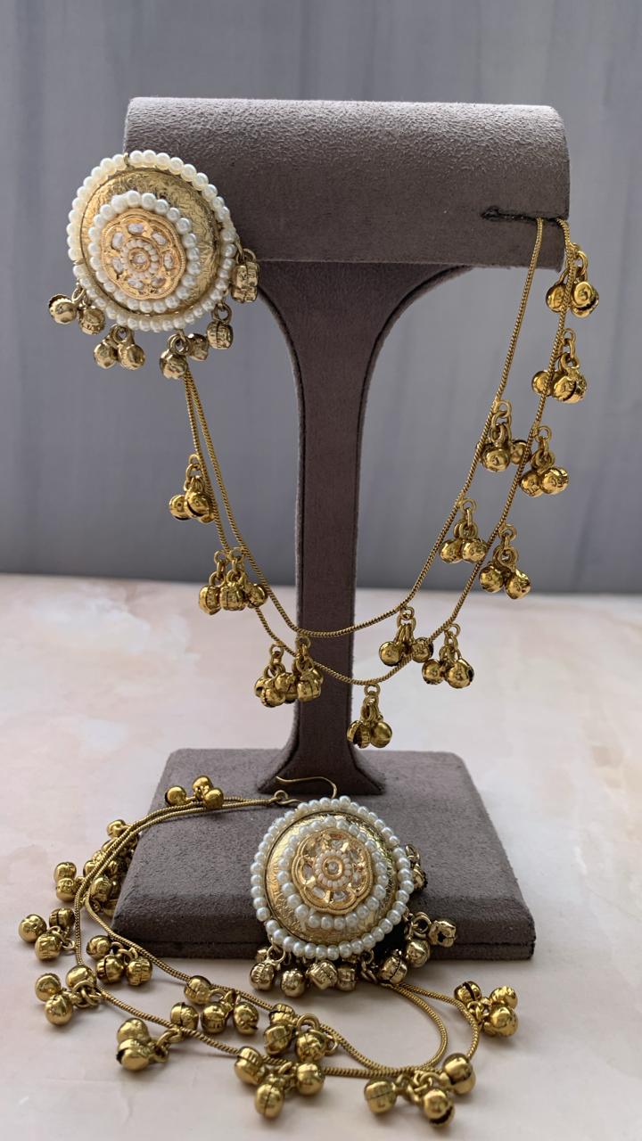 Traditional Gold-Tone Pearl Stud Earrings with Layered Ghungroo Chain