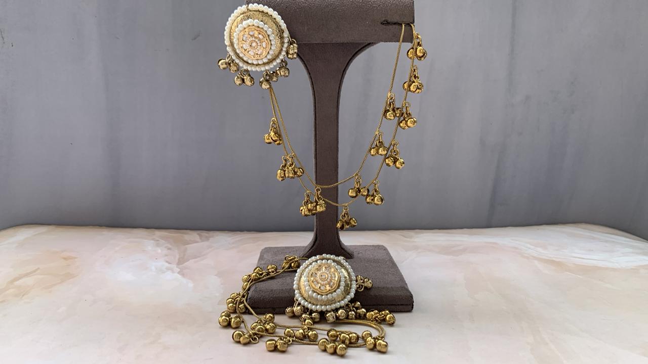 Traditional Gold-Tone Pearl Stud Earrings with Layered Ghungroo Chain