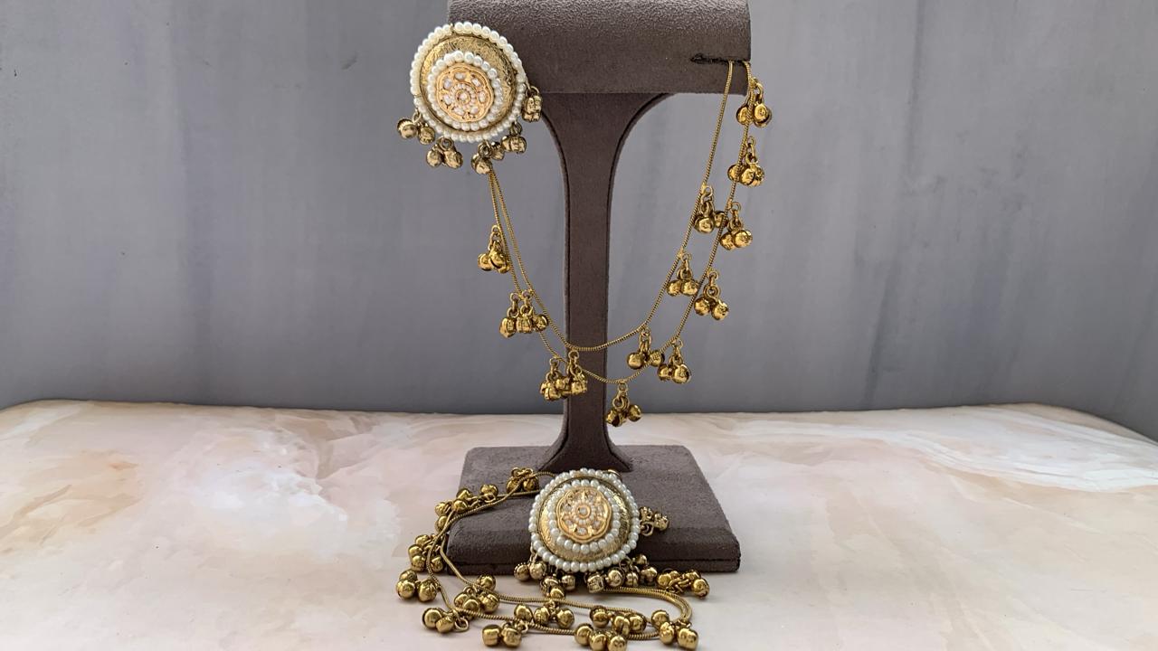 Traditional Gold-Tone Pearl Stud Earrings with Layered Ghungroo Chain