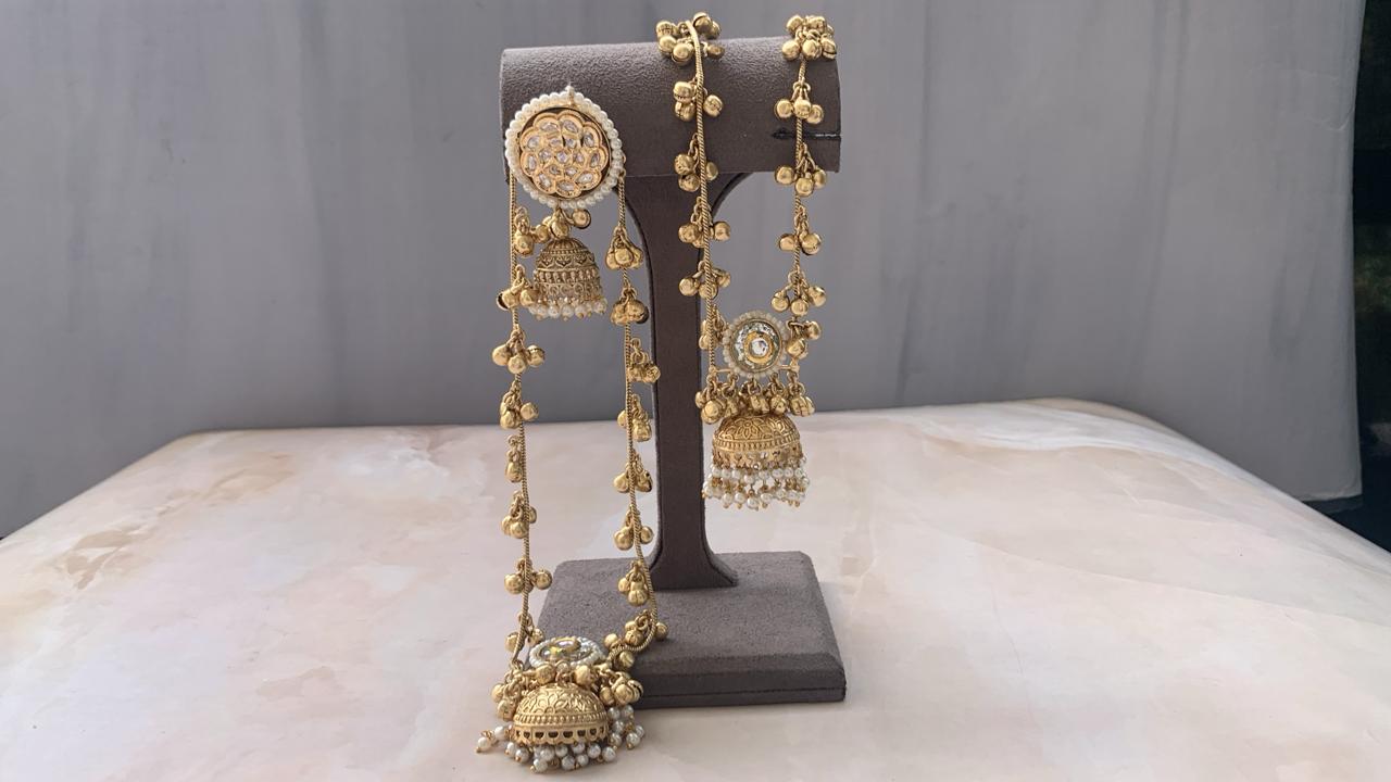 Royal Kundan & Pearl Jhumka Earrings with Long Chain Ghungroo Detailing