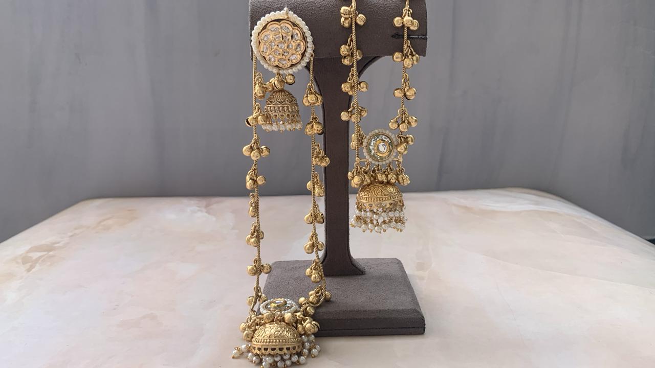 Royal Kundan & Pearl Jhumka Earrings with Long Chain Ghungroo Detailing