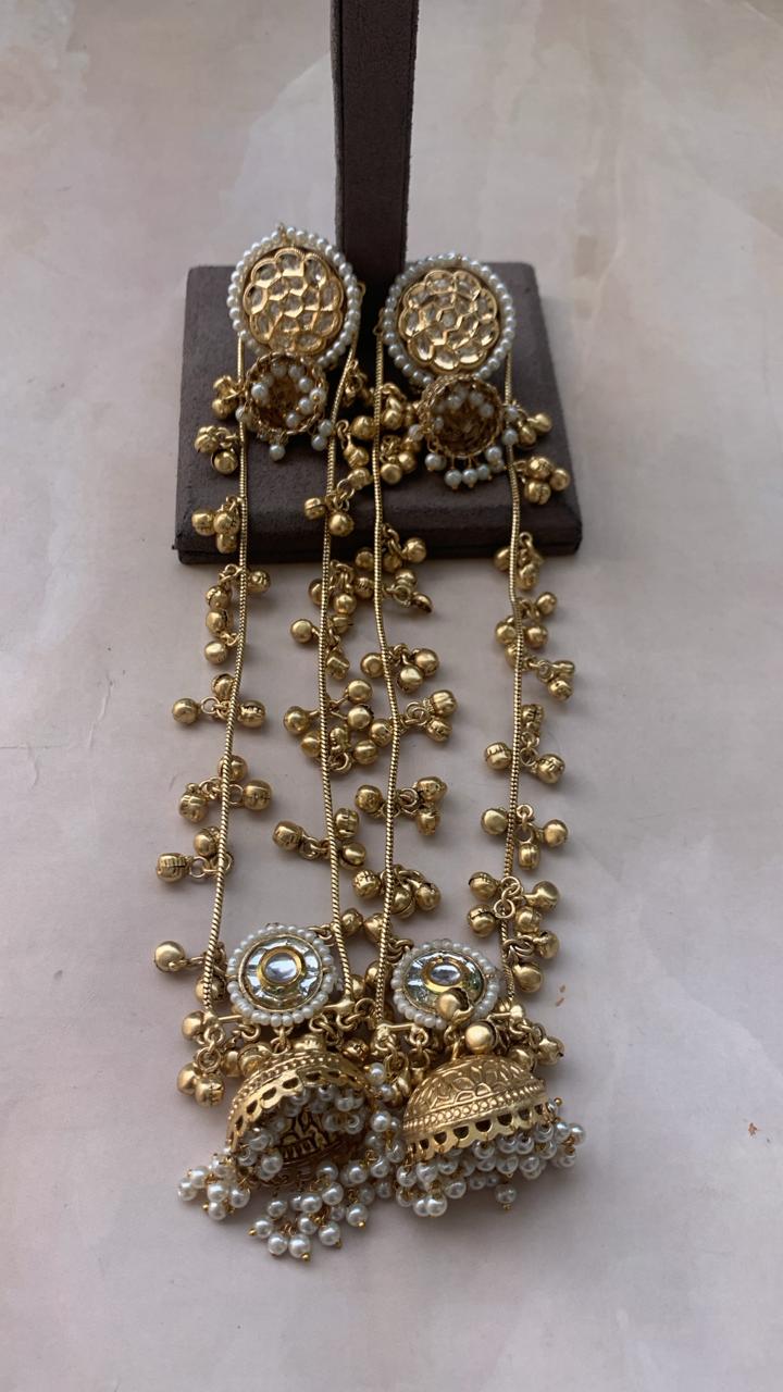 Royal Kundan & Pearl Jhumka Earrings with Long Chain Ghungroo Detailing