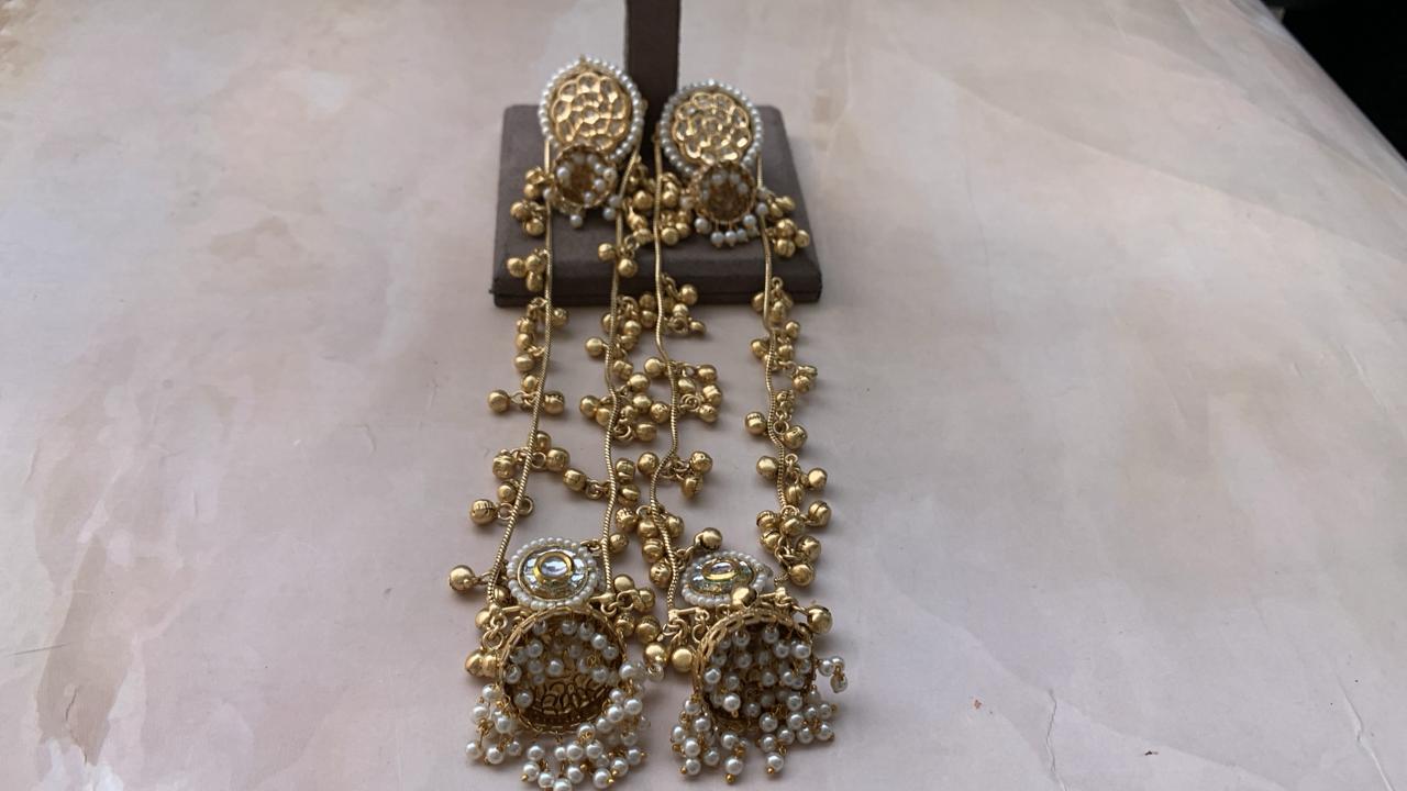 Royal Kundan & Pearl Jhumka Earrings with Long Chain Ghungroo Detailing