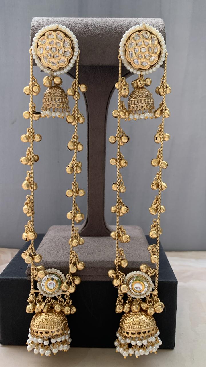 Royal Kundan & Pearl Jhumka Earrings with Long Chain Ghungroo Detailing