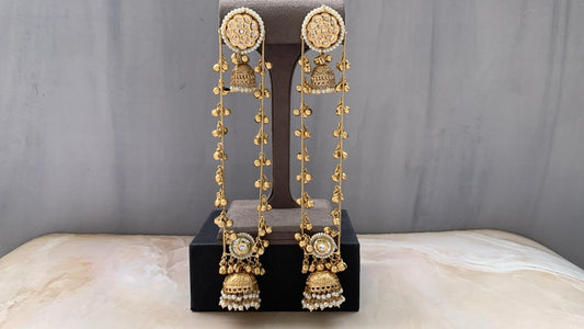 Royal Kundan & Pearl Jhumka Earrings with Long Chain Ghungroo Detailing