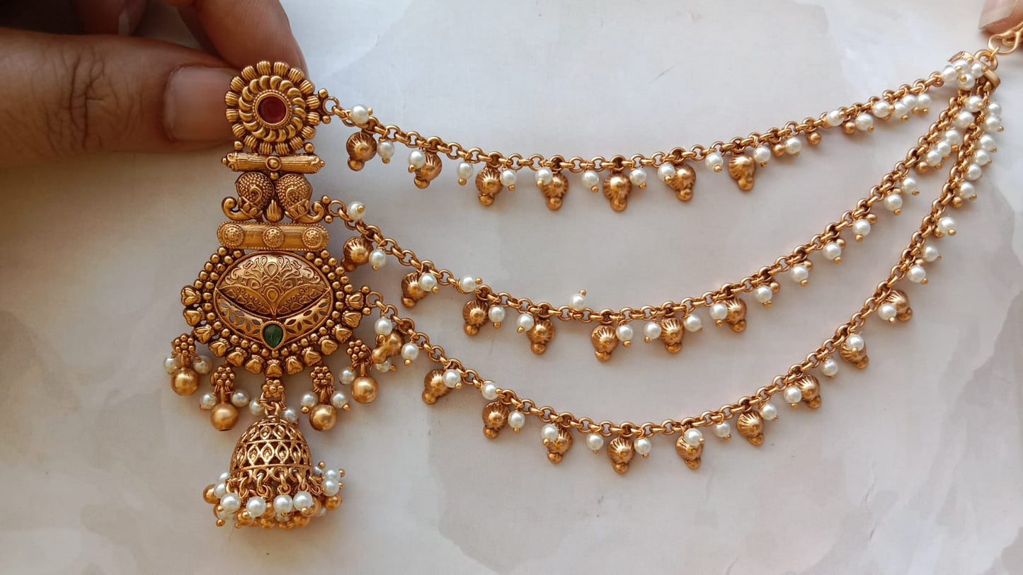 Regal Temple-Style Multi-Layered Ear Chain Jhumki