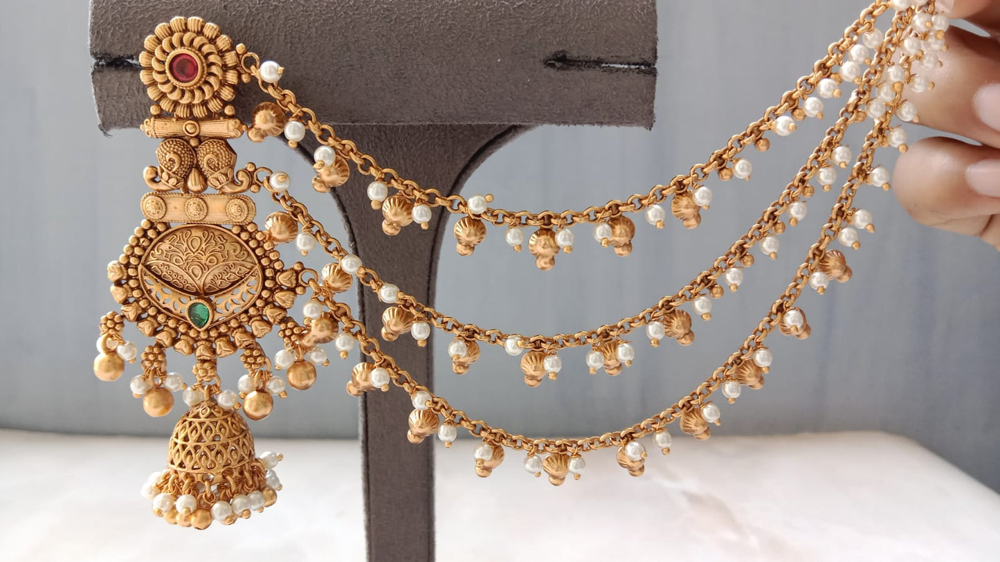 Regal Temple-Style Multi-Layered Ear Chain Jhumki