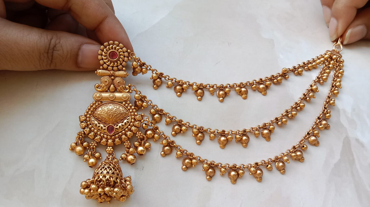 Regal Temple-Style Multi-Layered Ear Chain Jhumki