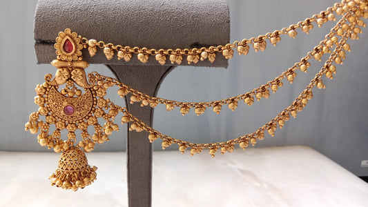 Antique Golden Multi-Layer Ear Chain Jhumki Earrings