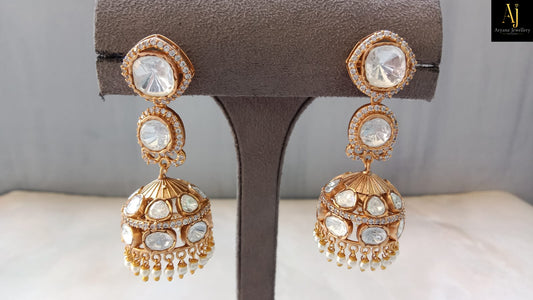 Luxury Gold Plated Polki Jhumki Earrings with Pearl Drops | Statement Bridal & Party Wear Jewellery
