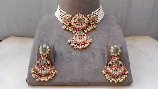 Royal Kundan Pearl Choker Necklace Set with Green Stone Accents