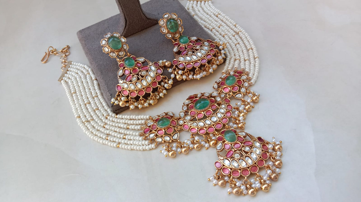 Royal Kundan Pearl Choker Necklace Set with Green Stone Accents