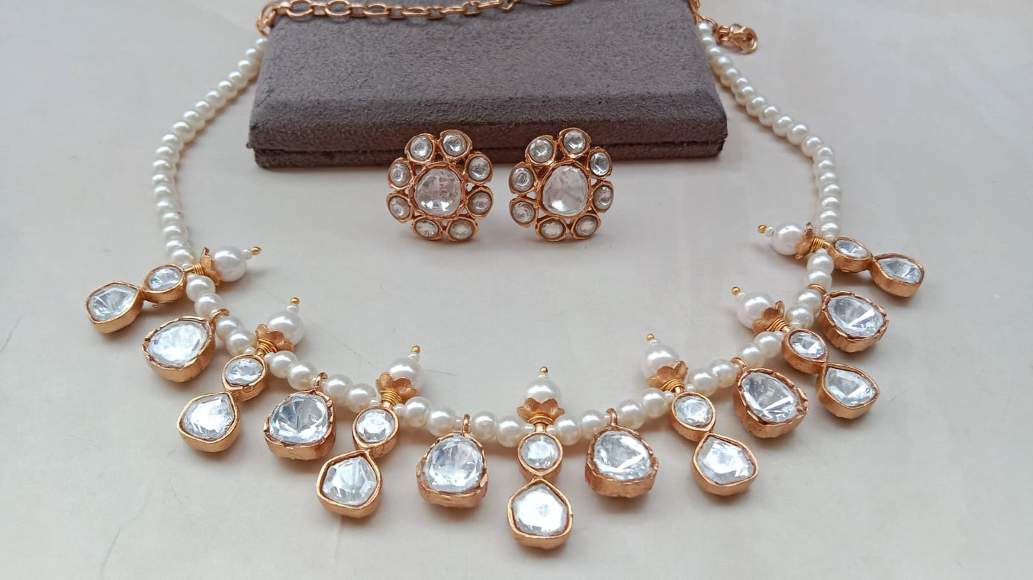 Elegant Polki Choker Necklace Set with Pearl Drops | Bridal & Party Wear Jewellery