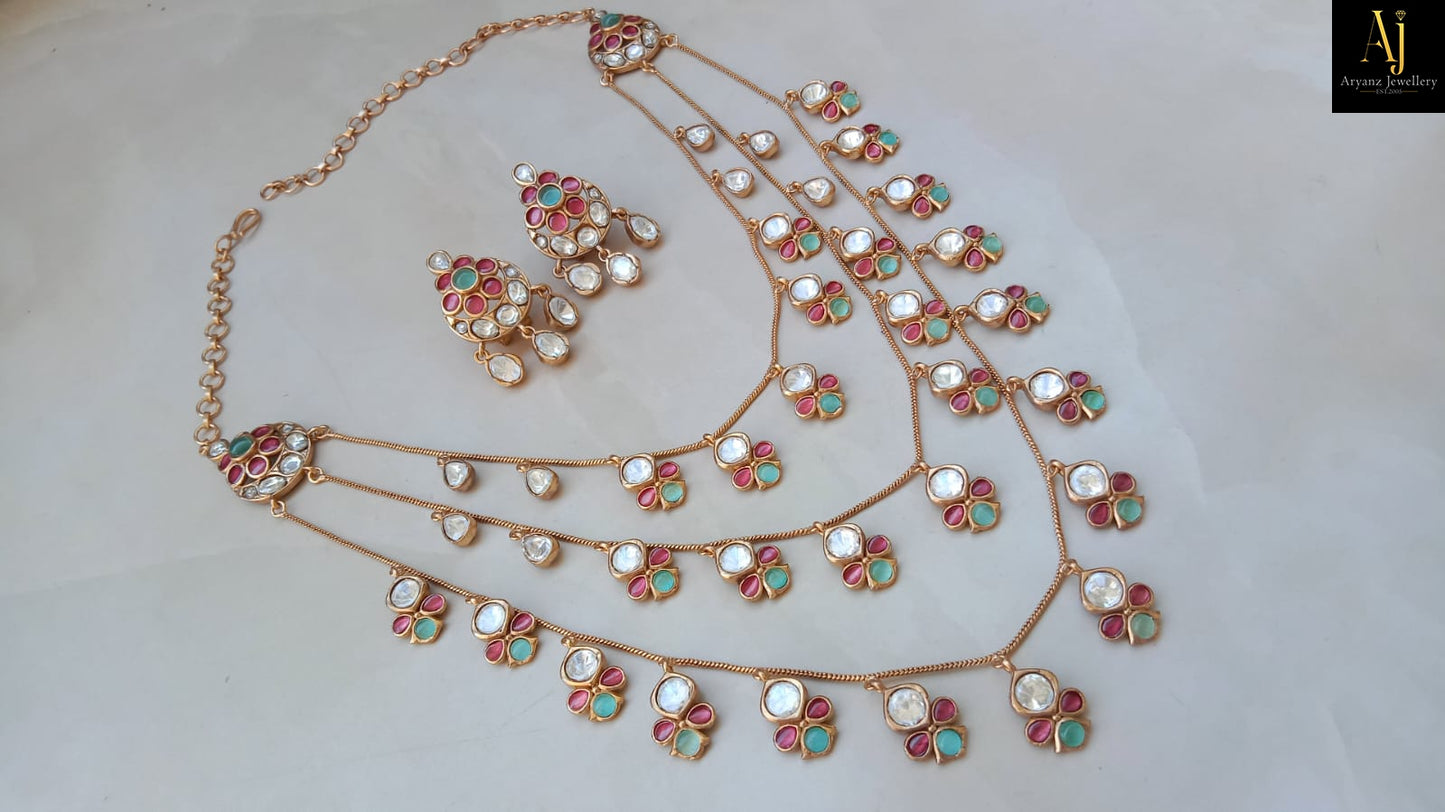 Royal Kundan Multi-Layer Necklace Set with Earrings – Gold Plated Bridal & Party Wear Jewellery