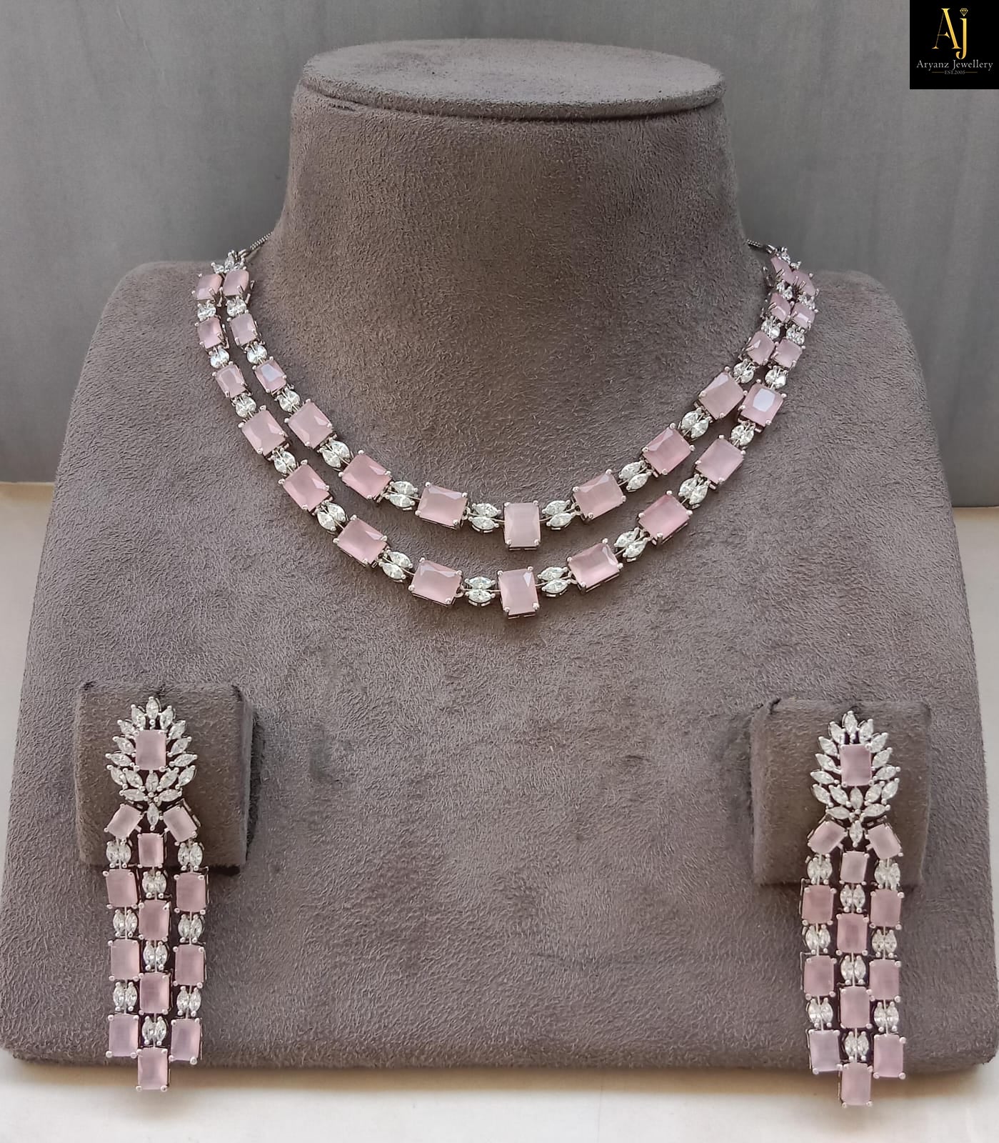 Luxury Blush Pink American Diamond Necklace Set | Rhodium Plated Party Wear & Bridal Jewellery
