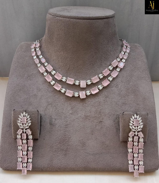 Luxury Blush Pink American Diamond Necklace Set | Rhodium Plated Party Wear & Bridal Jewellery