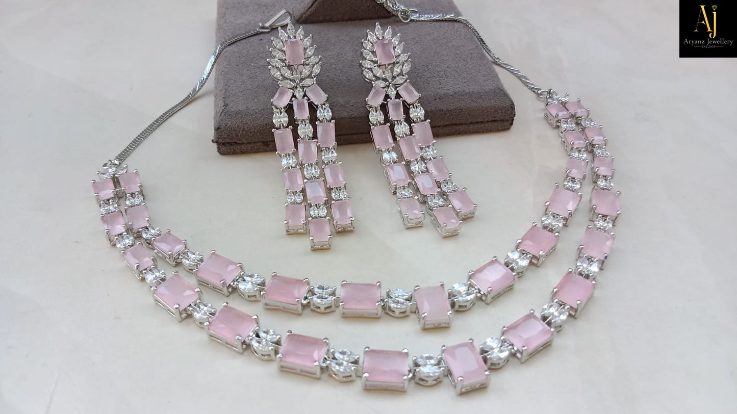 Luxury Blush Pink American Diamond Necklace Set | Rhodium Plated Party Wear & Bridal Jewellery