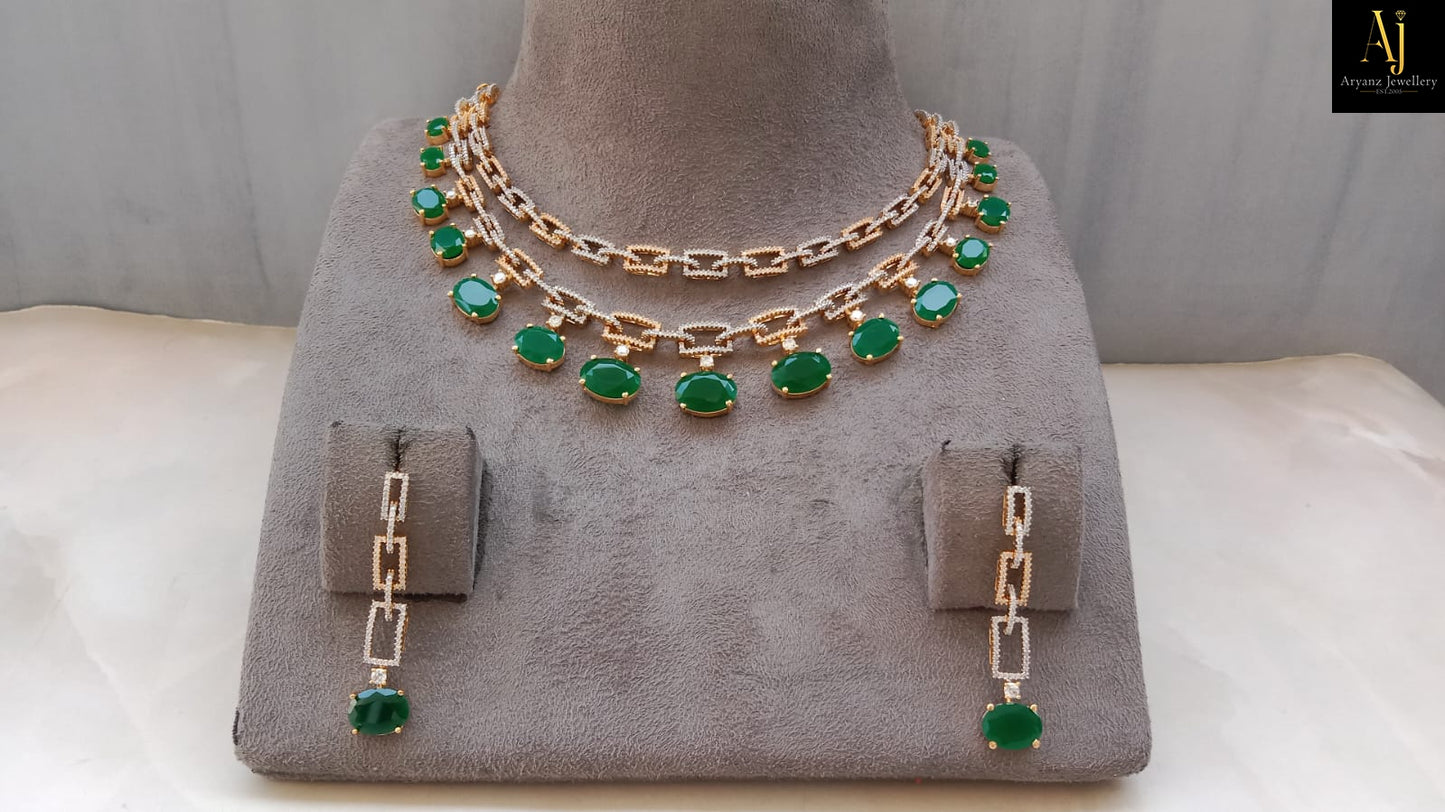 Luxury Emerald Green American Diamond Necklace Set | Gold & Rhodium Plated Designer Party Wear Jewellery
