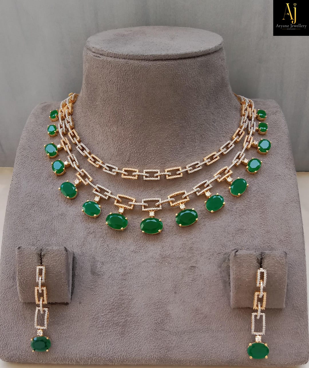 Luxury Emerald Green American Diamond Necklace Set | Gold & Rhodium Plated Designer Party Wear Jewellery