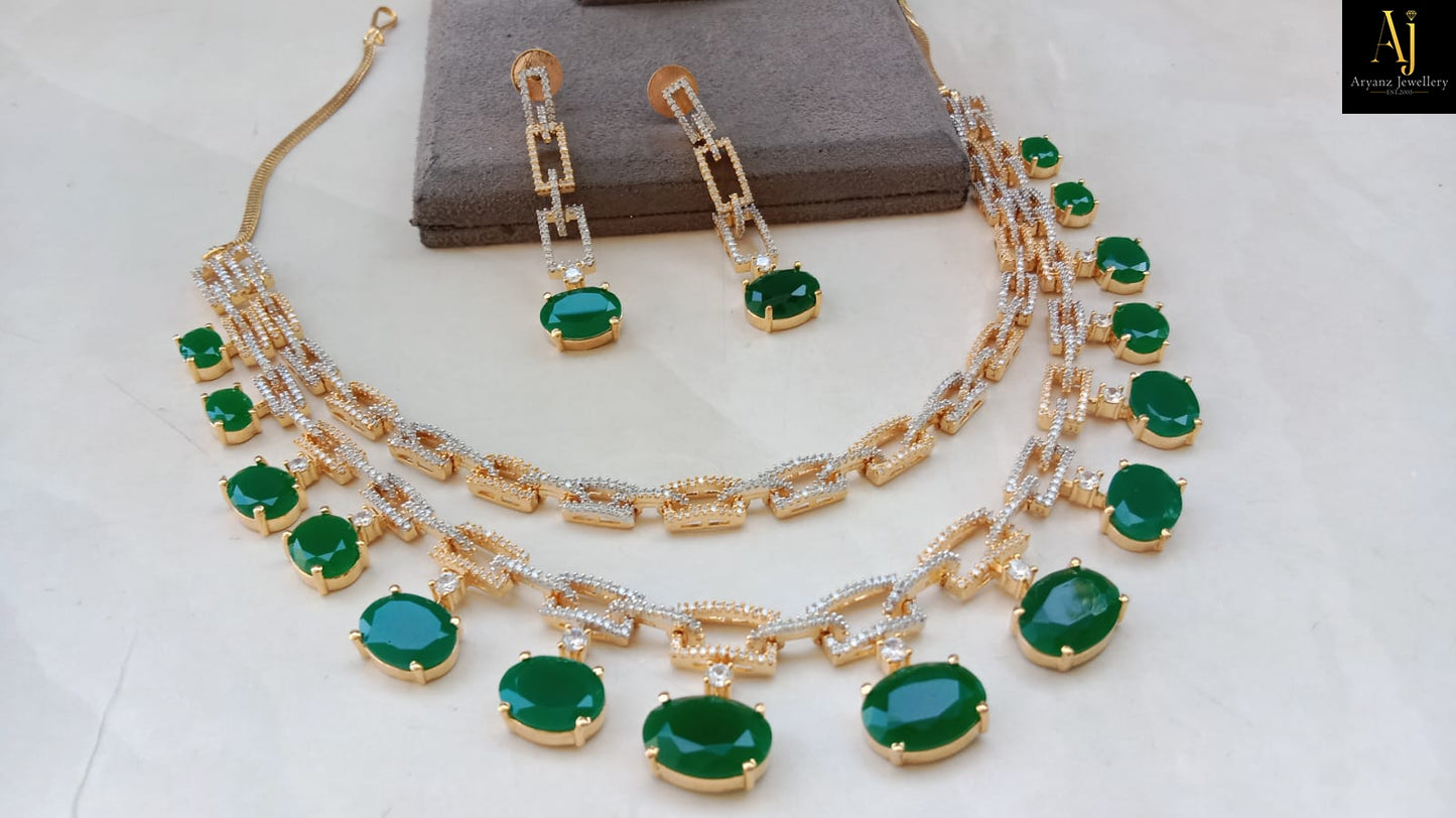 Luxury Emerald Green American Diamond Necklace Set | Gold & Rhodium Plated Designer Party Wear Jewellery