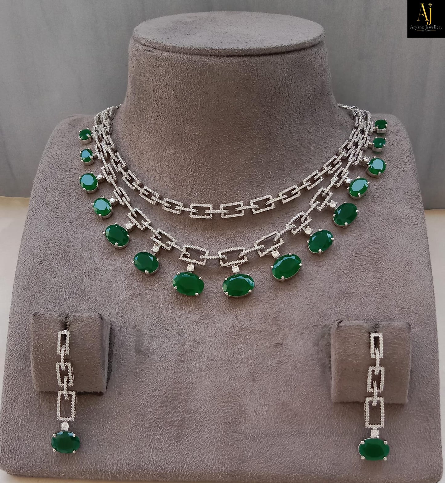 Luxury Emerald Green American Diamond Necklace Set | Gold & Rhodium Plated Designer Party Wear Jewellery