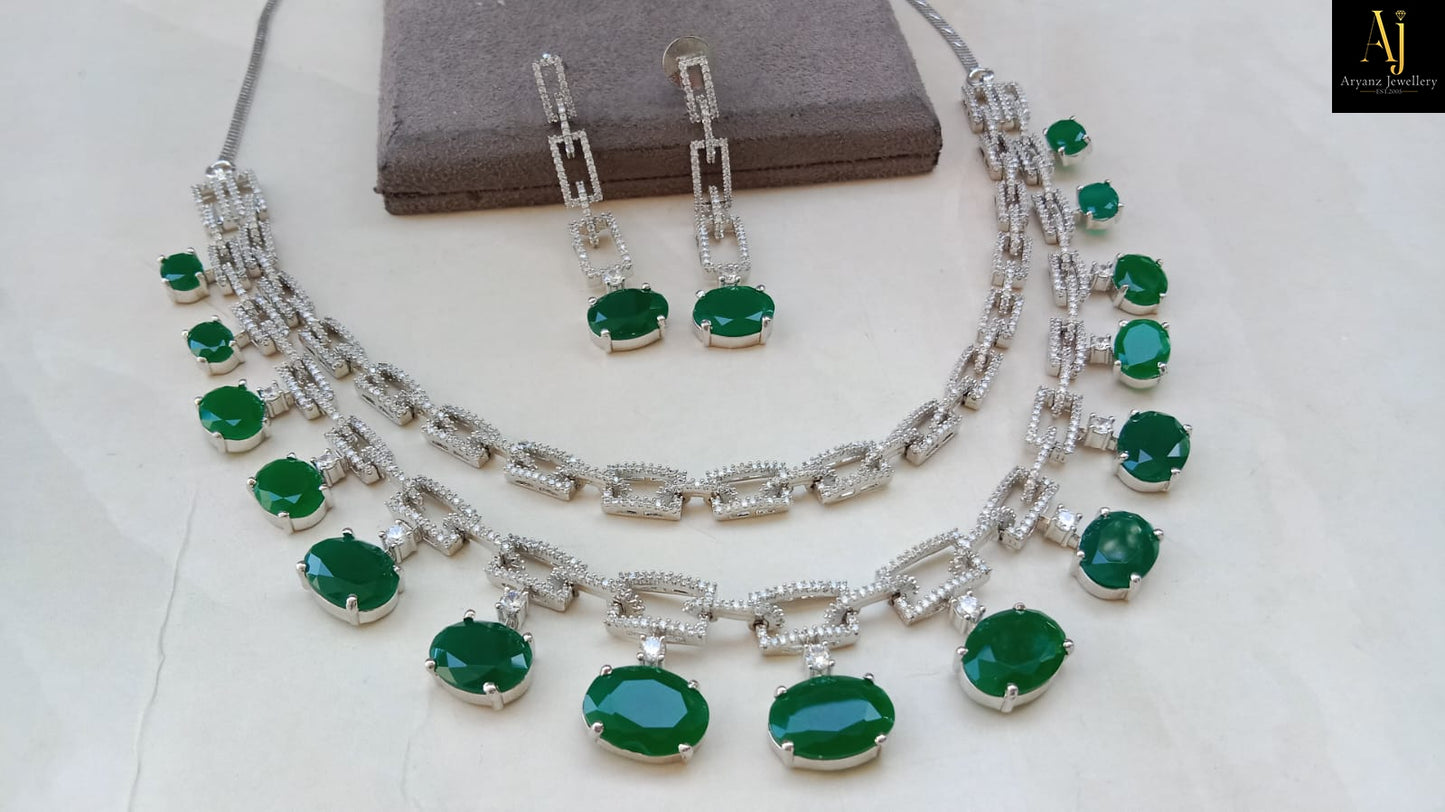 Luxury Emerald Green American Diamond Necklace Set | Gold & Rhodium Plated Designer Party Wear Jewellery