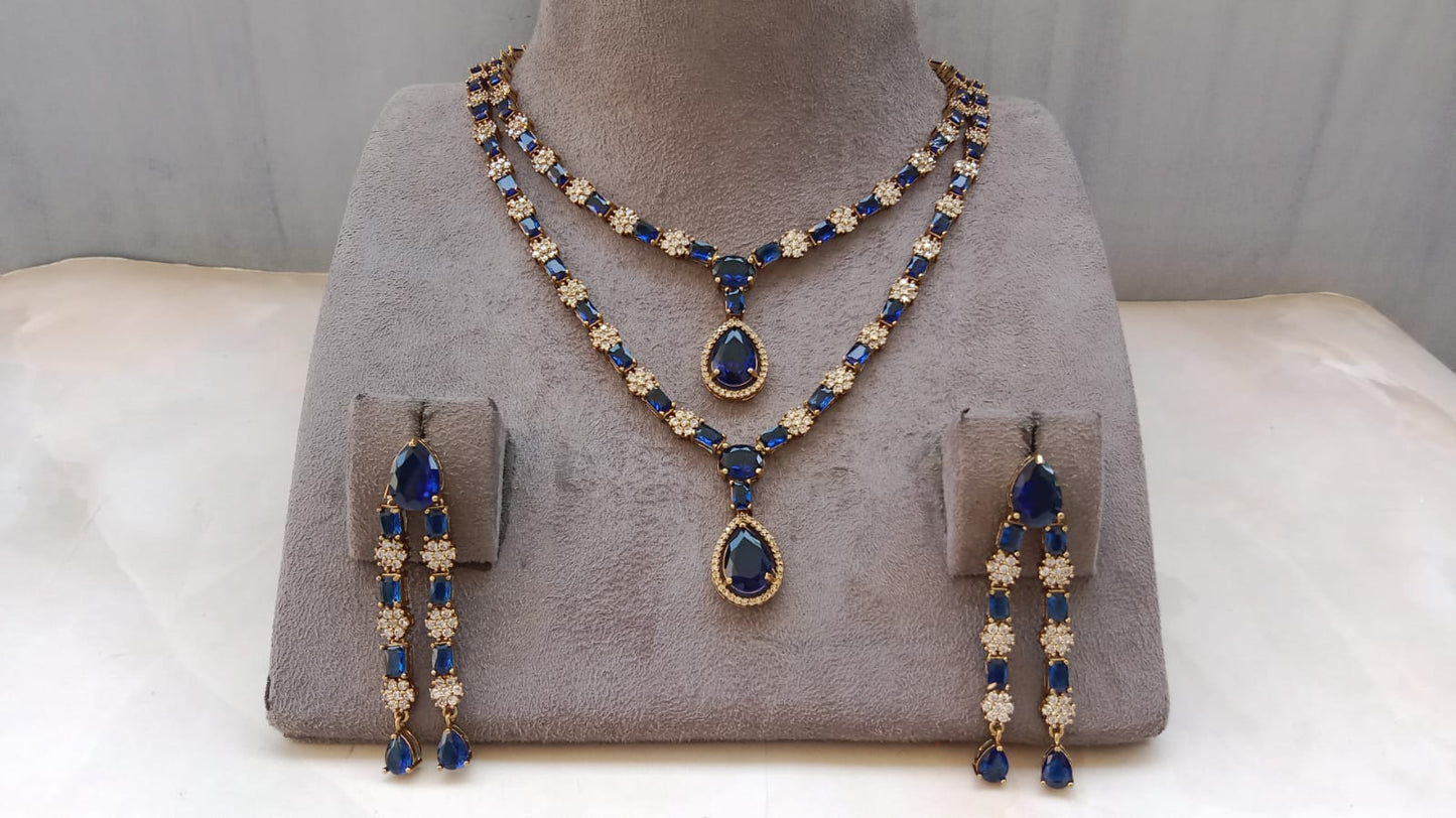 Luxury Sapphire Blue American Diamond Necklace Set | Gold Plated Bridal & Party Wear Jewellery