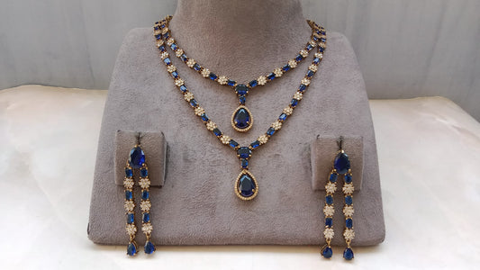 Luxury Sapphire Blue American Diamond Necklace Set | Gold Plated Bridal & Party Wear Jewellery