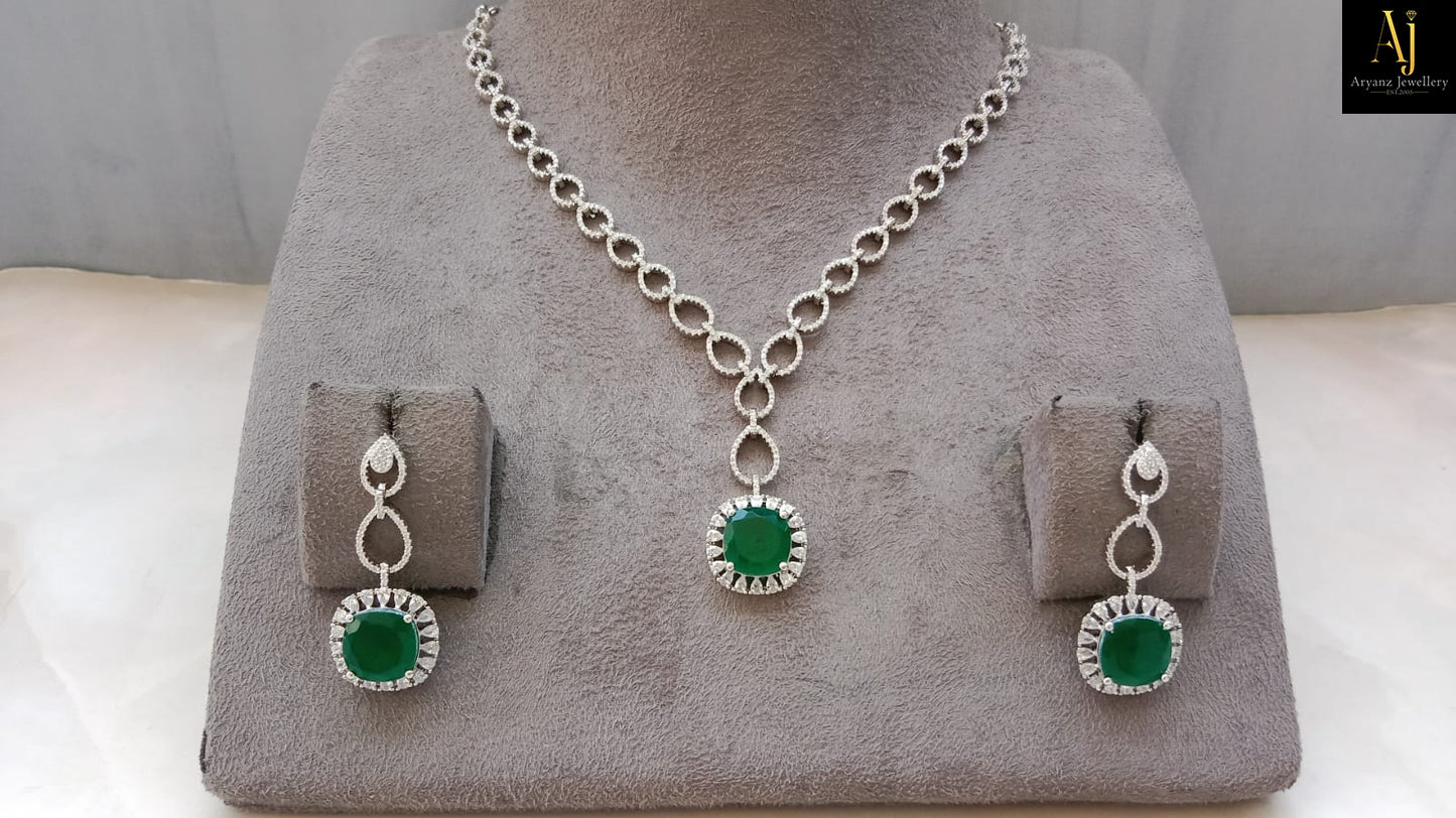Luxury Emerald Green American Diamond Pendant Necklace Set | Rhodium Plated Party Wear Jewellery