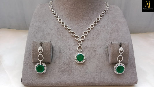 Luxury Emerald Green American Diamond Pendant Necklace Set | Rhodium Plated Party Wear Jewellery