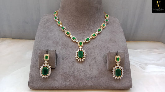 Luxury Emerald Green American Diamond Necklace Set | Gold Plated Party Wear & Bridal Jewellery
