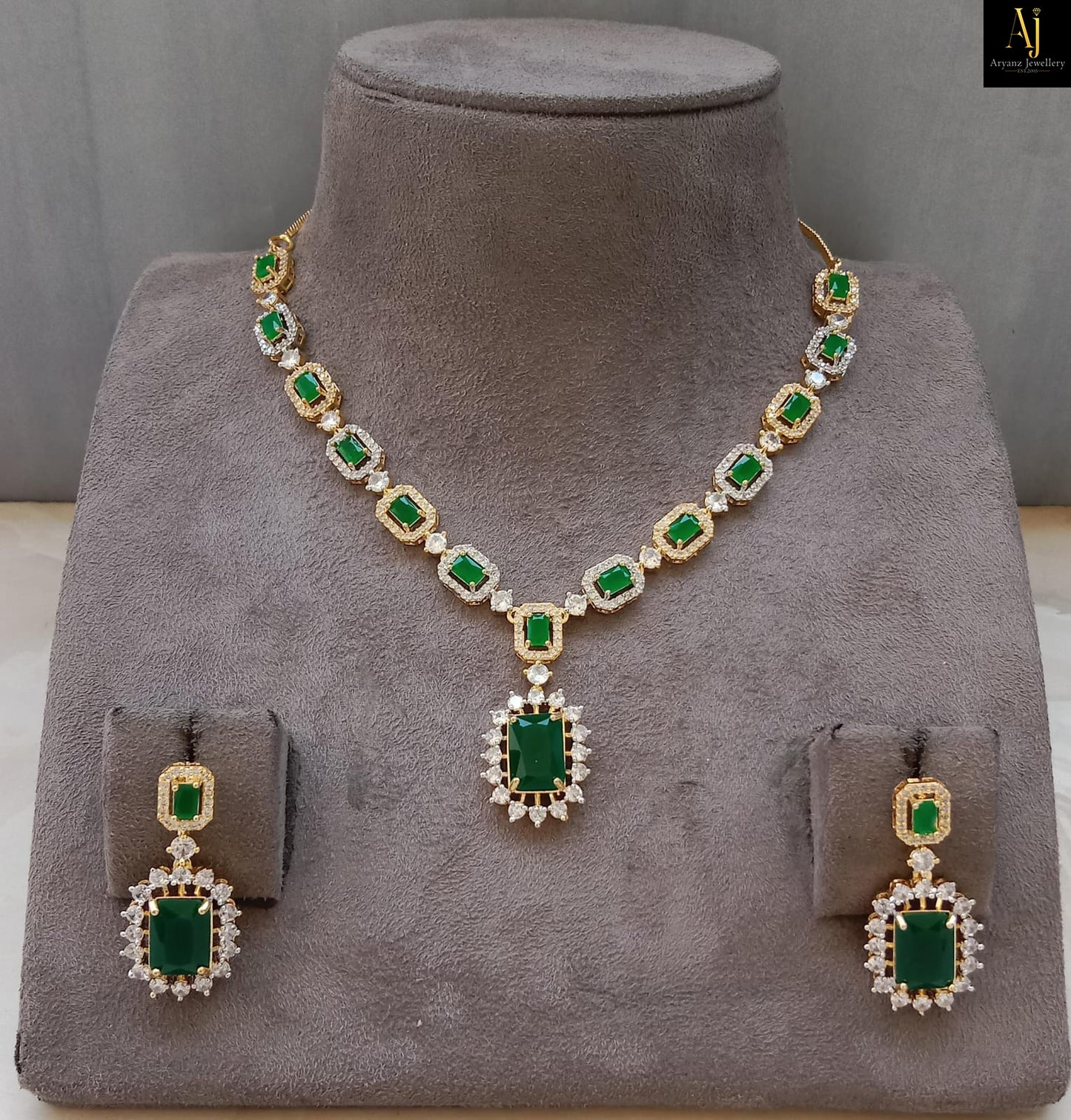 Luxury Emerald Green American Diamond Necklace Set | Gold Plated Party Wear & Bridal Jewellery