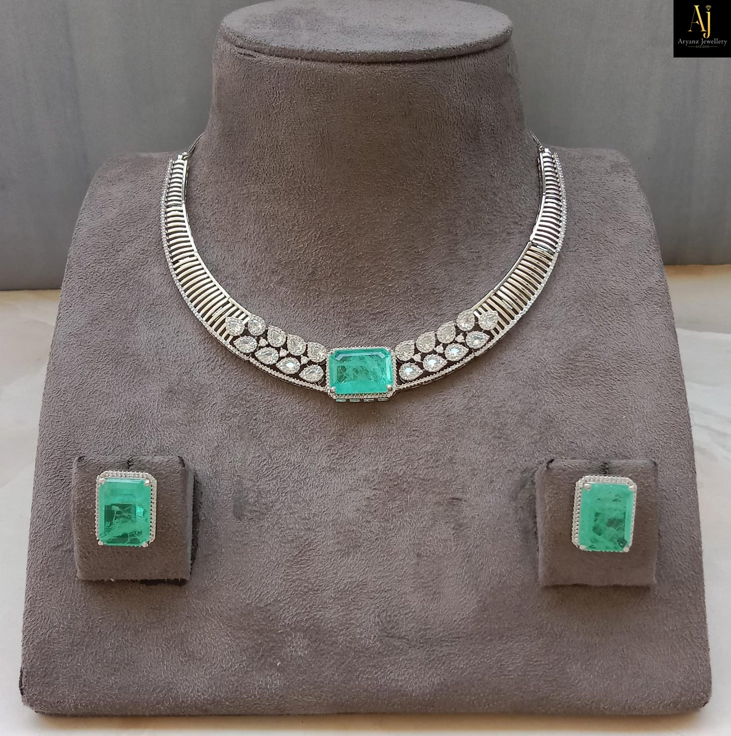 Luxury Emerald Green & Sapphire Blue Statement Necklace Set | Gold Plated Party Wear Jewellery