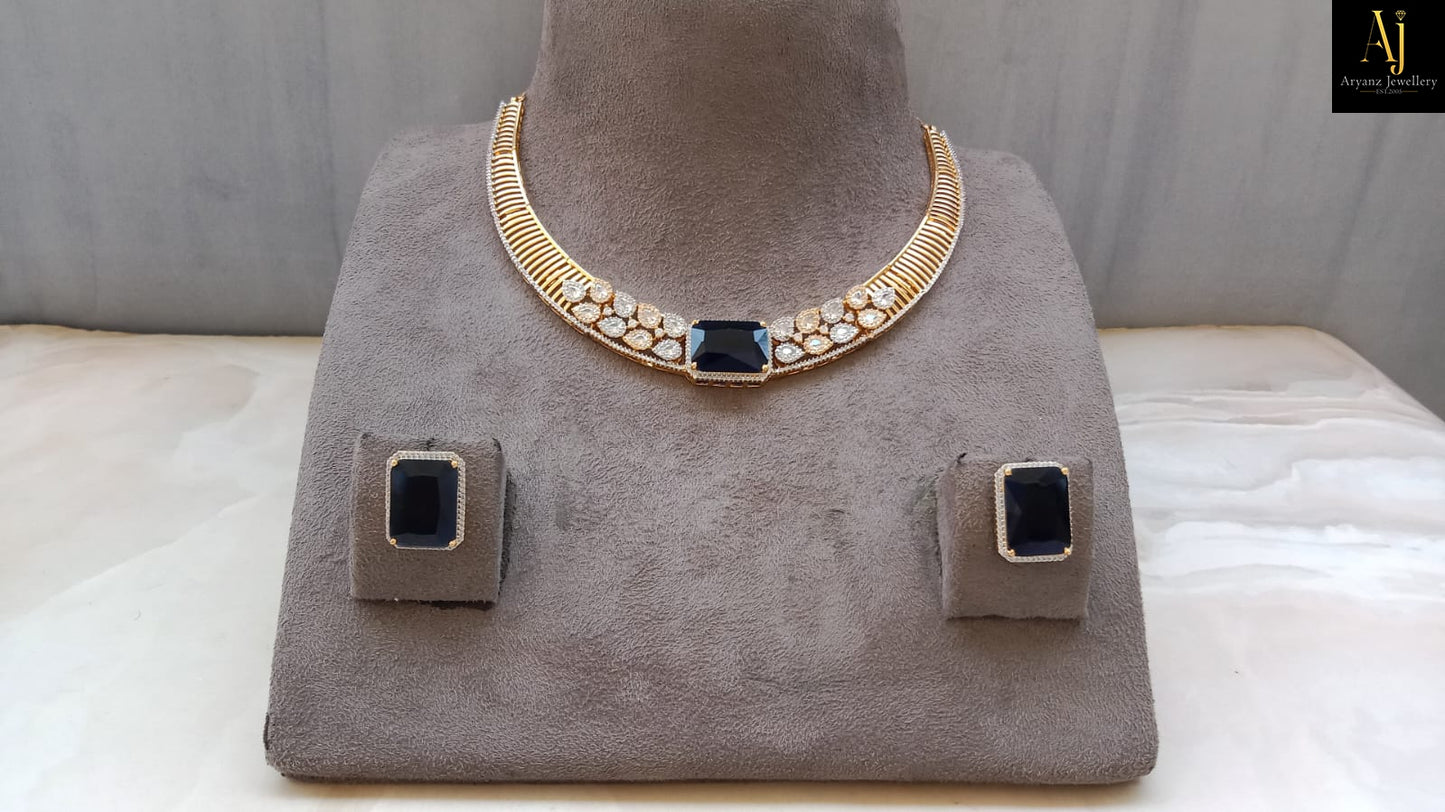 Luxury Emerald Green & Sapphire Blue Statement Necklace Set | Gold Plated Party Wear Jewellery