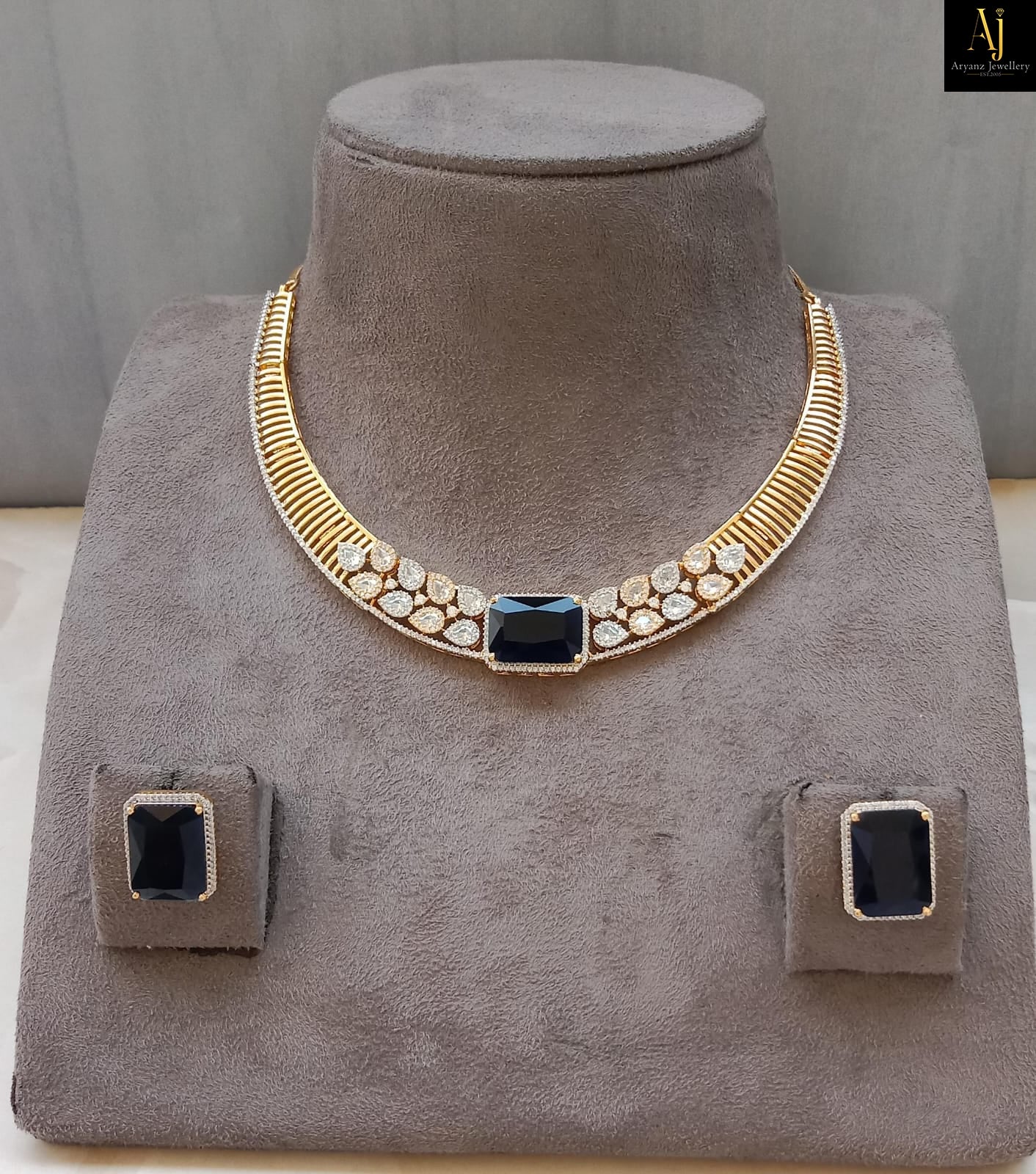 Luxury Emerald Green & Sapphire Blue Statement Necklace Set | Gold Plated Party Wear Jewellery